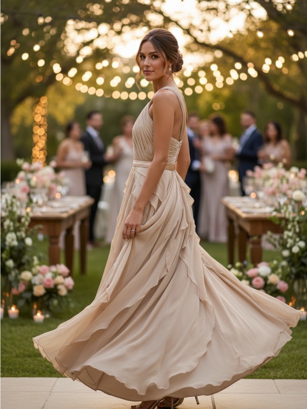 Adrianna Papell Champagne One Shoulder Tiered Maxi Dress- Size 14
